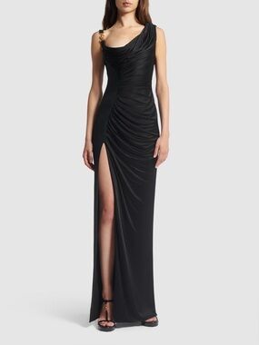Versace Black One-Shoulder Draped Evening Gown with Gold Hardware